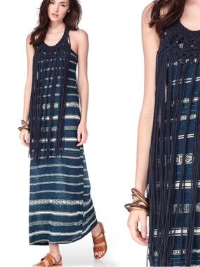 Ralph Lauren Navy and Cream Striped Crochet Fringe Maxi Dress
